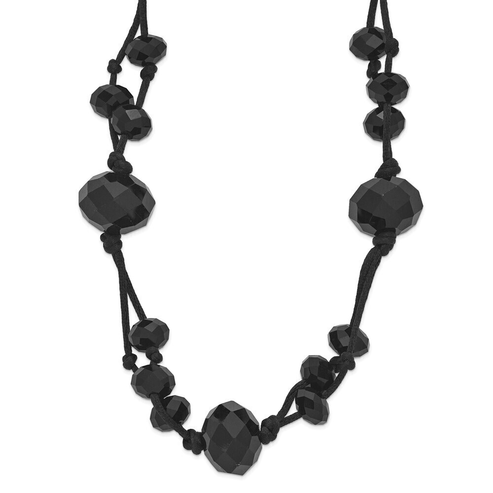 Jet Black Faceted Acrylic Beads Adj. 16" Black Knotted Satin Cord Necklace